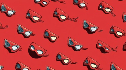 Repeating Superhero Mask Pattern on Red Background for Textile Design