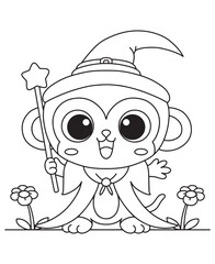 Coloring book monkey wizard in a pointed hat and cape, holding a star-tipped wand