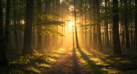 Fototapeta premium A peaceful forest at sunrise with golden light filtering through the trees