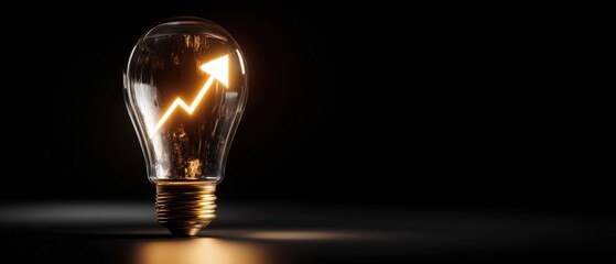 Light bulb with a glowing upward arrow symbolizing growth and innovation against a dark background.