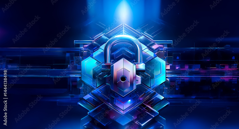 Poster abstract digital art depicting a glowing blue padlock within a complex geometric structure. the vibr