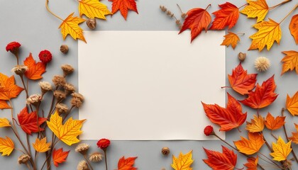 Square autumn flat lay Gray background features blank paper, dried flowers, and leaves Thanksgiving, fall, autumnal composition Copy space, vintage, illustration