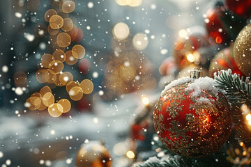 Fototapeta premium Experience the magical transformation of holiday festivities as the gentle touch of snow creates an enchanting and everlasting essence, making this Christmas a truly majestic and wondrous affair 