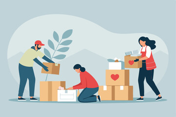 Volunteers diligently sort and pack donation boxes for a charity drive, preparing them for shipment to those in need.