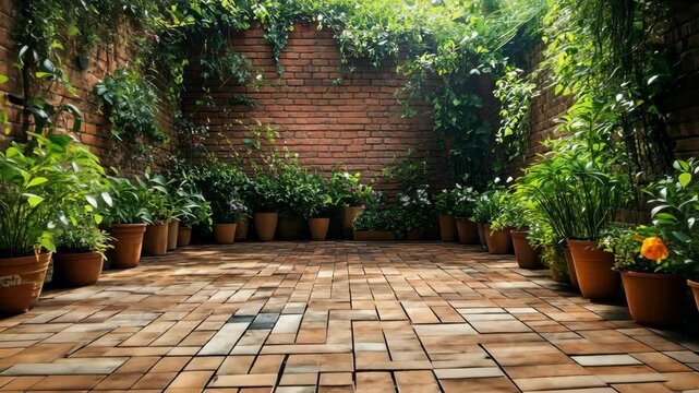 Serene courtyard garden with brick walls, terracotta pots, and lush greenery