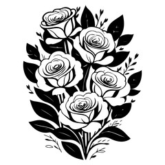 Elegant monochrome floral arrangement illustration, showcasing stylized roses