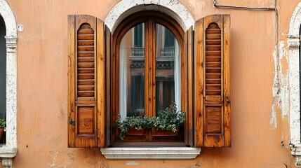 Venetian Window with Wooden Shutters and Flower Box