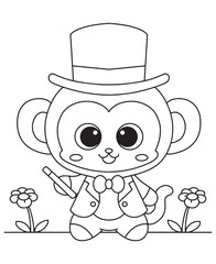 Coloring book monkey in a top hat and bow tie, holding a magic wand blooming flowers