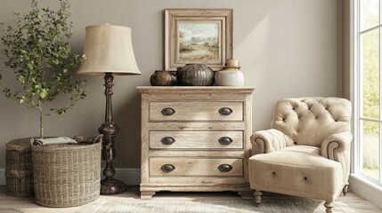 Rustic, warm interior scene with antique furniture.