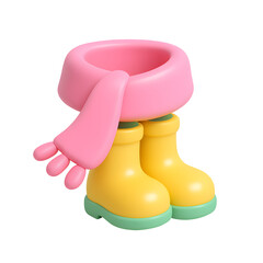 Adorable yellow rain boots and pink scarf in 3D pastel cartoon style, perfect for rainy season and children’s wear illustrations, transparent PNG background
