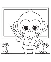 Coloring book monkey teacher with a pointer, ready to impart knowledge in a field of flowers
