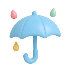 3D cartoon umbrella icon with pastel raindrops in blue, pink, and yellow, on transparent PNG background for weather and rainy season designs

