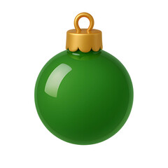 Glossy green Christmas ball ornament with gold top in 3D pastel cartoon style on transparent PNG background
