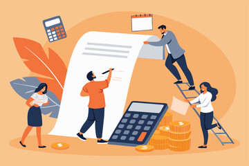 A massive, looming vector illustration of a tax invoice dwarfed by numerous tiny people, signifying the overwhelming burden of taxation.