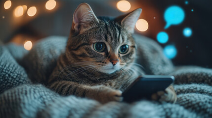 A cozy day to hug your cat while it curiously holds smartphone surrounded by soft lights creating warm and calm atmosphere