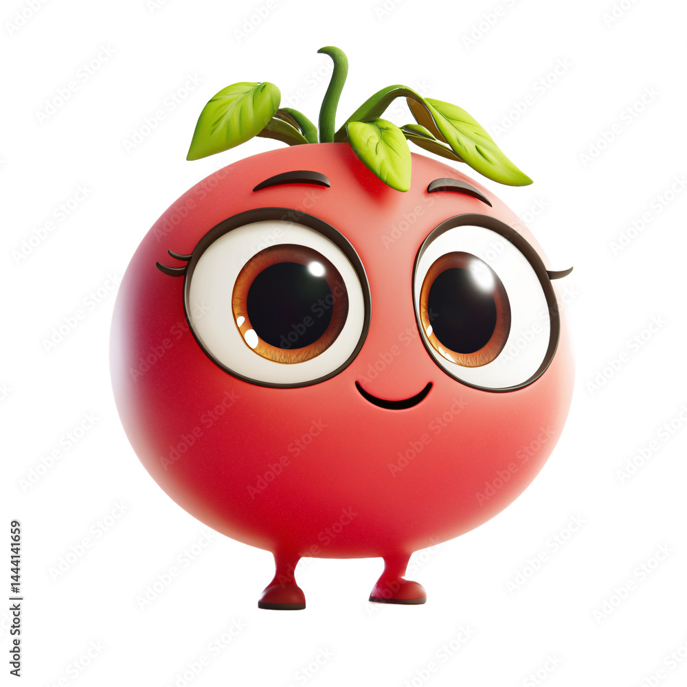Poster cheerful, cartoonish depiction of a tomato with large eyes and a smiling expression. it is digitally