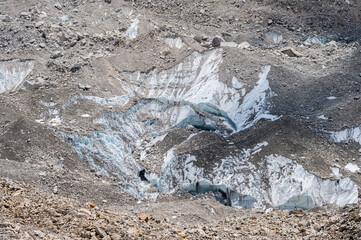View of Khumbu glacier nearly Everest base camp covered by moraine rocks. This is the final part of...