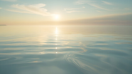 A tranquil early morning sea scene with soft golden sunlight reflecting on the still water. Gentle ripples, pastel skies, and a peaceful horizon create a soothing, meditative image.