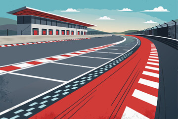Create an abstract vector illustration depicting a pit lane's topography, emphasizing speed and movement through dynamic lines and color gradients.