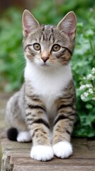Fototapeta premium A cute tabby kitten with white paws sits outdoors on wooden planks, surrounded by green plants.
