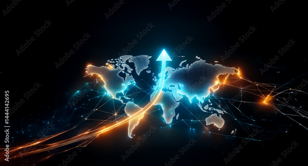 Poster glowing world map with an upward arrow, showcasing global connectivity and growth. intricate network