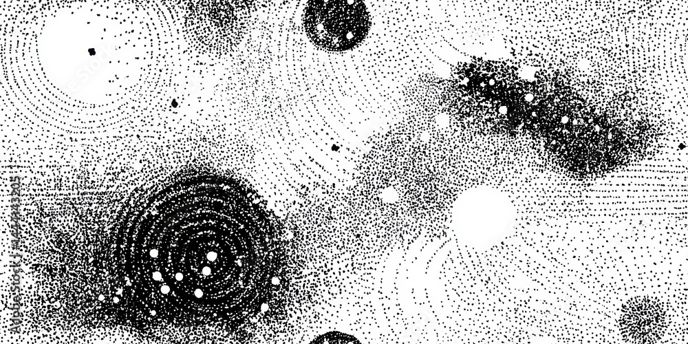 Poster abstract black and white pattern of dots and circles, resembling cosmic or microscopic elements with