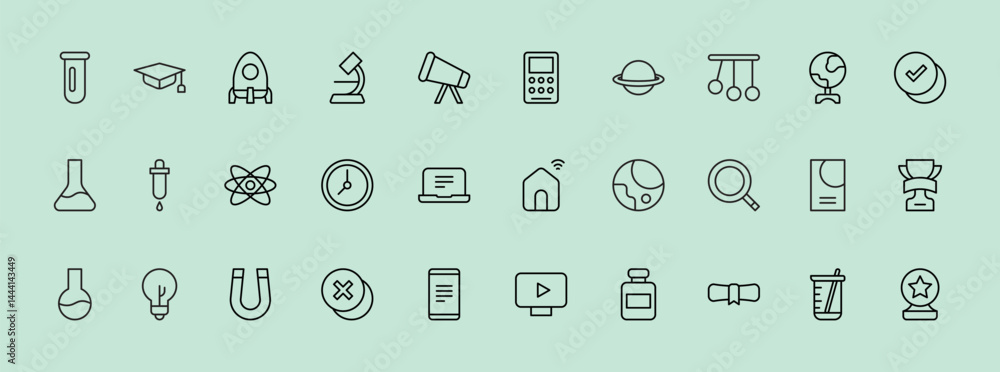Poster collection of education and science icons representing various academic themes and concepts in minim