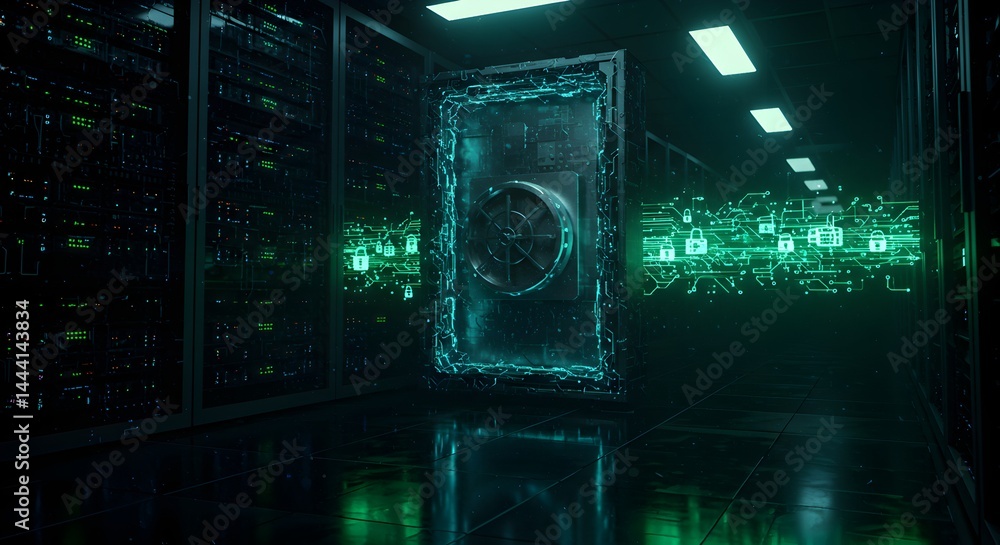 Poster cybersecurity data protection in the digital age - high-tech vault in server room