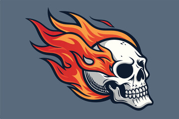 Create a stylized vector illustration of a skull engulfed in flames, featuring a bold, thick black outline.  The style should be graphic and impactful.