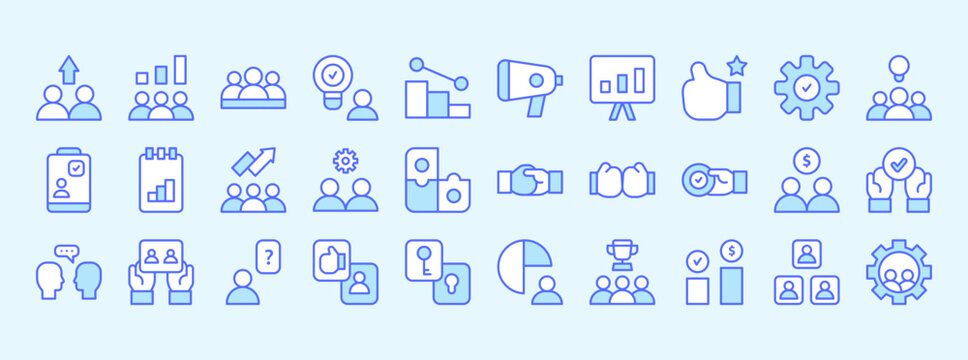 Icon Collection Representing Business and Team Work Themes with Graphs, Charts, Meetings, Digital Tools, and Collaboration Elements