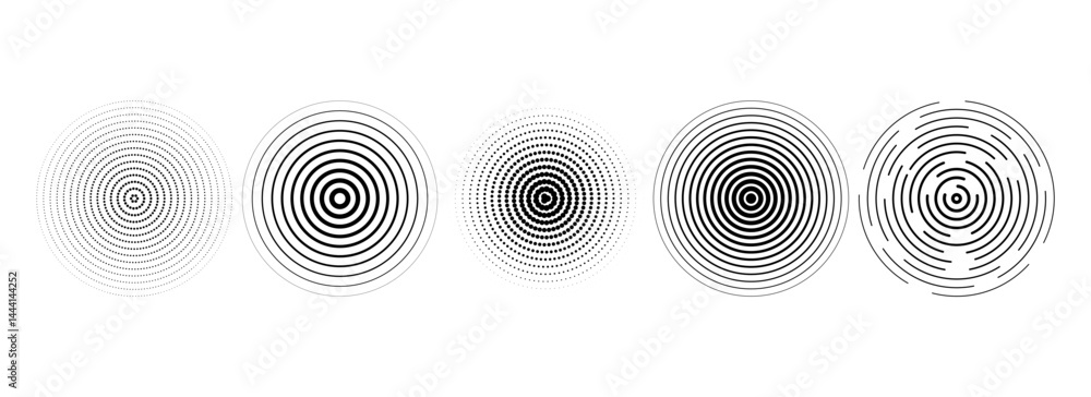 Poster Black linear concentric circle set. Dotted and dashed round sound wave collection. Epicenter, target, radar, sonar icon concept. Vector halftone radial radio signal or vibration element pack.