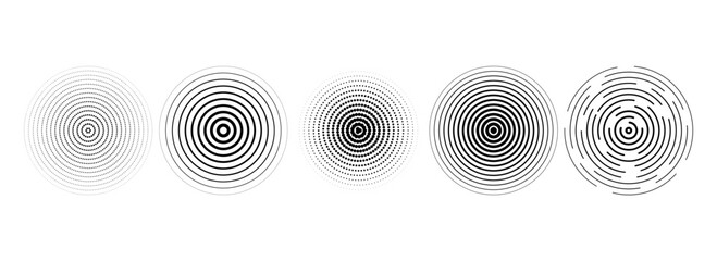 Black linear concentric circle set. Dotted and dashed round sound wave collection. Epicenter, target, radar, sonar icon concept. Vector halftone radial radio signal or vibration element pack.