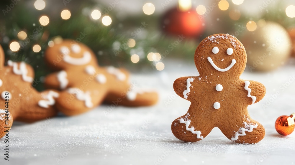 Poster smiling gingerbread man adorned with powdered sugar in front of blurred christmas cookies and vibran