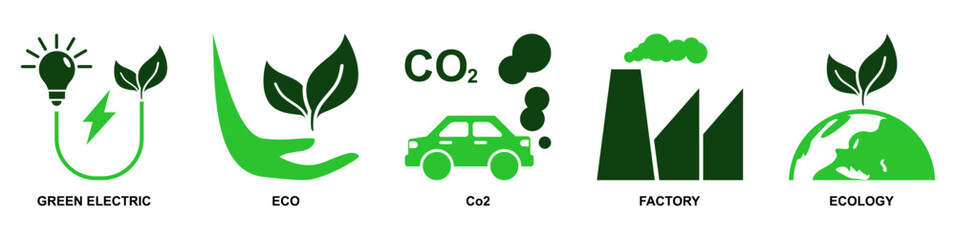 Set of green energy icons vector for eco concepts, renewable power, and sustainable solutions. Ideal for environmental conservation projects, eco education, and clean energy initiatives.