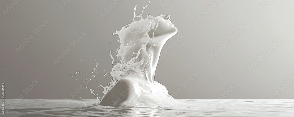 Poster a dynamic splash of milk creating artistic motion in calm water.