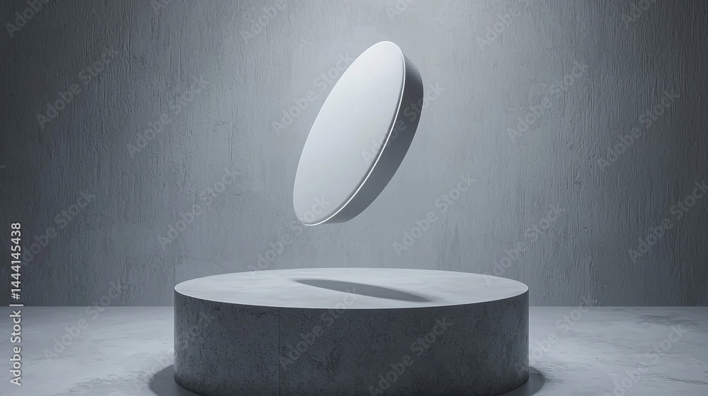 Poster a floating 3d coin levitating above a circular pedestal in a minimalist setting.