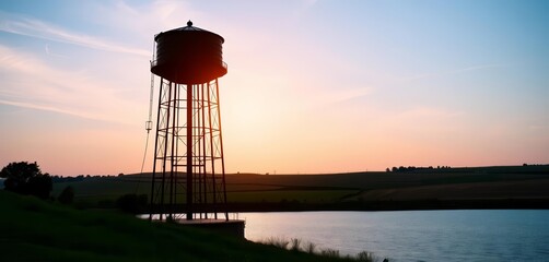 Black silhouette of metal water tower with oval tank, countryside reservoir , water tower, silhouette
