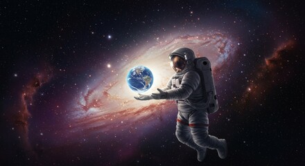 Fototapeta premium Astronaut Holding Earth in Space with Galaxy Background Exploring Universe
