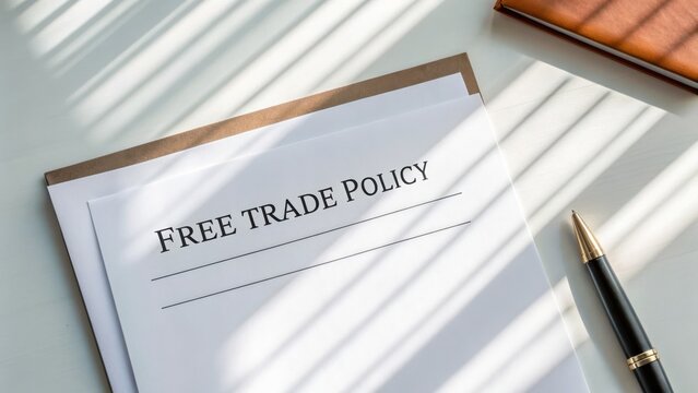 Free trade policy supports global trade agreements concept. Document titled "Free Trade Policy" with pen and sunlight shadows on a table.