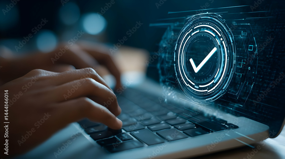 Aufkleber hands typing on a laptop with a digital checkmark overlay.