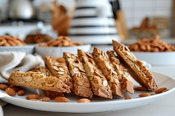 Almond Biscotti, Close-up Shot right view, served on a white plate, background of kitchen