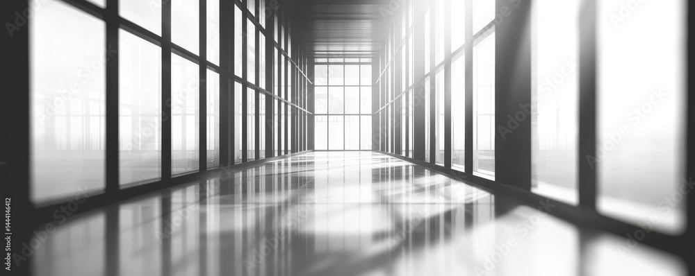 Poster a minimalist interior space with large windows and soft light creating a serene atmosphere.
