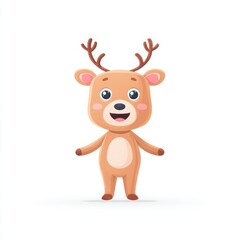 Fototapeta premium Cute cartoon reindeer character with antlers smiling happily against a white background