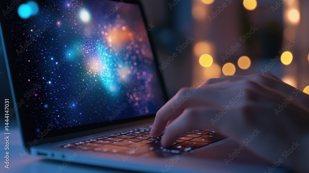 Poster close-up of hands typing on a laptop while displaying a vibrant nebula-like image against a warm bok
