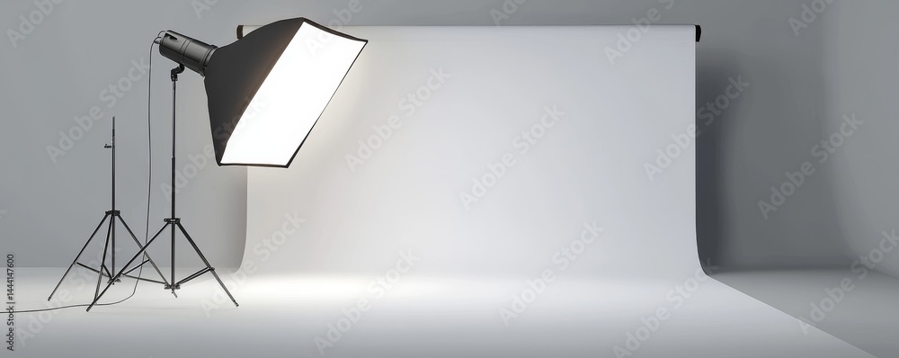 Poster a modern photography studio setup with a softbox and seamless backdrop ready for shoots.