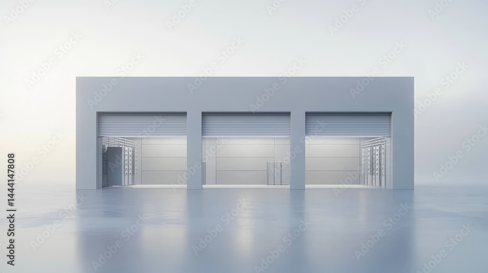 Poster a modern, minimalist garage structure with three large openings against a soft backdrop.