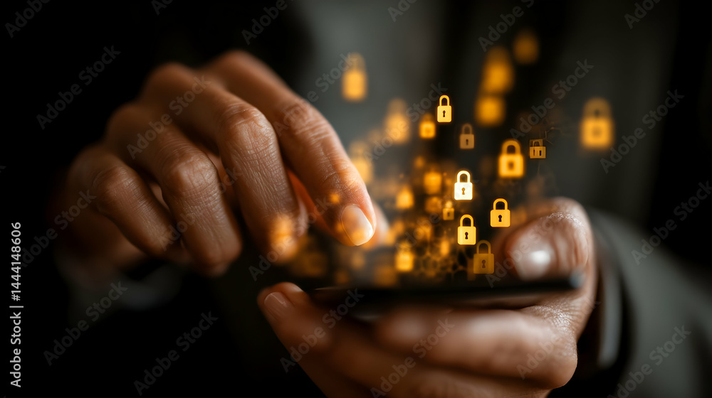 Poster close-up view of hands interacting with a glowing security lock interface.
