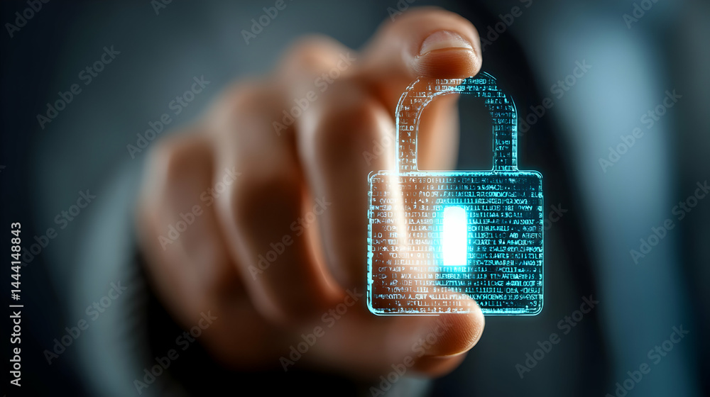 Poster close-up view of a hand interacting with a digital lock.