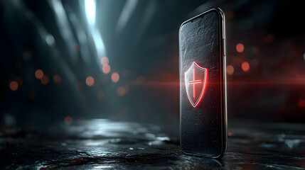 Digital phone security shield in a dramatic scene.