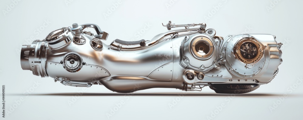 Poster a sleek and modern metallic engine component displayed on a clean surface.